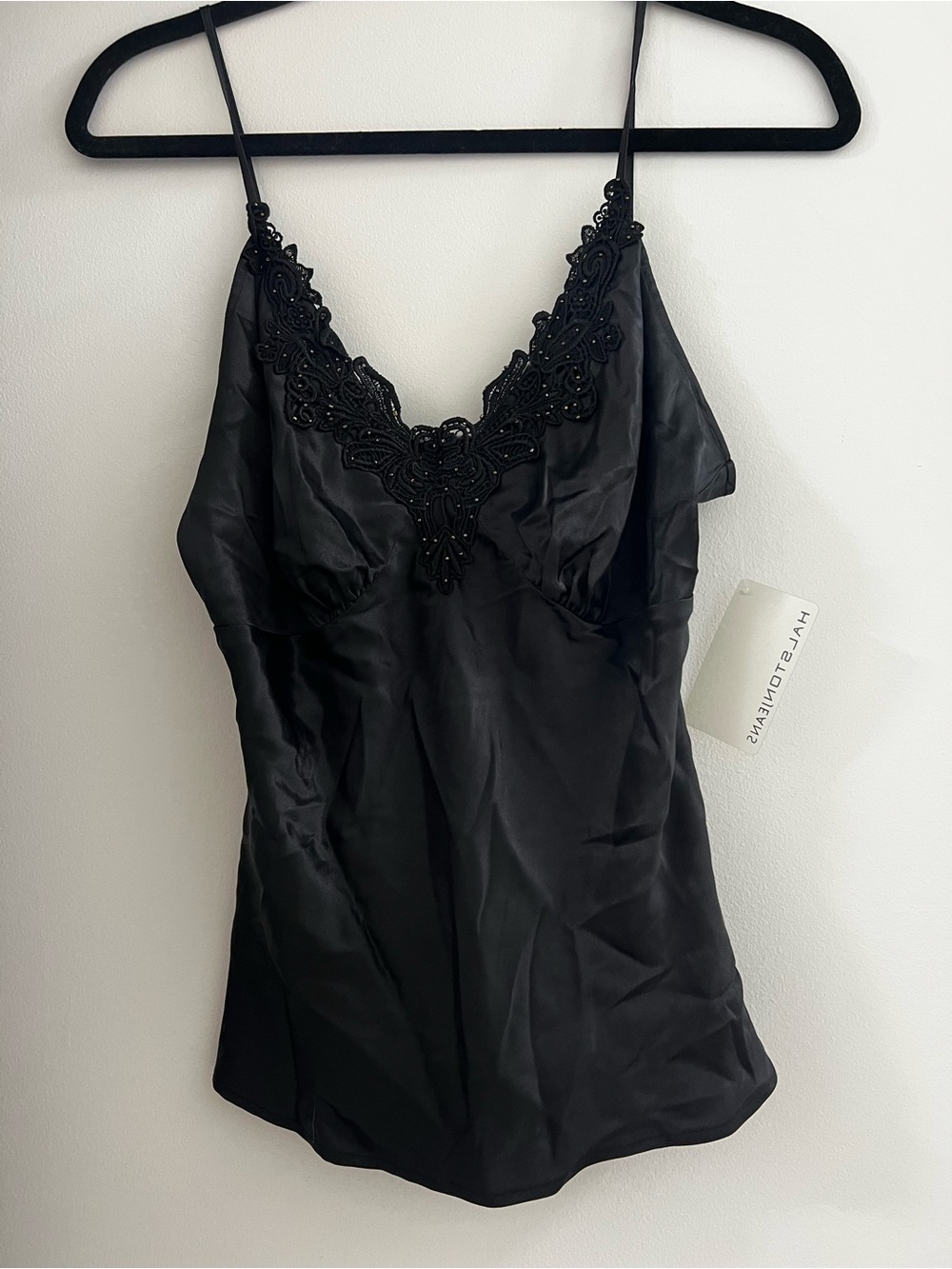 Halston Heritage Black Beaded Lace-Trim Satin Camisole